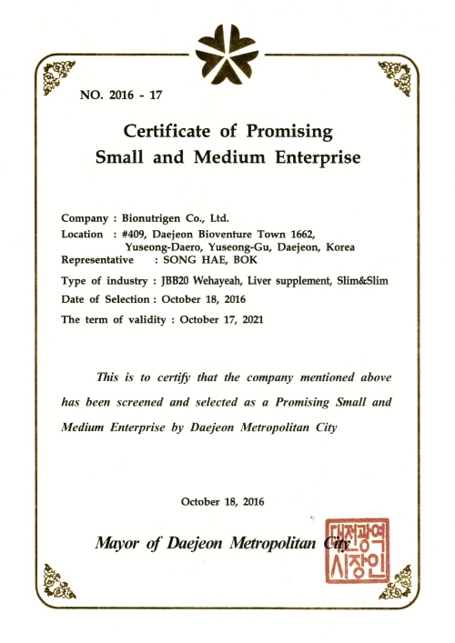 ２０１６年有望中小企業認証（英語）